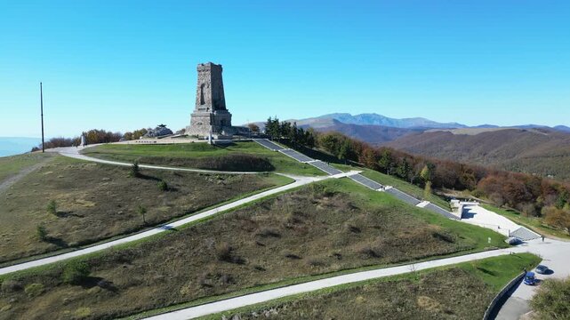 Aerial view of the Memorial Temple of the Liberty on Shipka Peak on a sunny autumn day