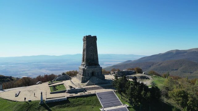 Stunning aerial footage flying over the famous Shipka Monument in Bulgaria