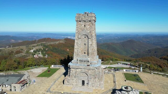 Drone orbiting the historical Shipka Monument in Bulgaria.