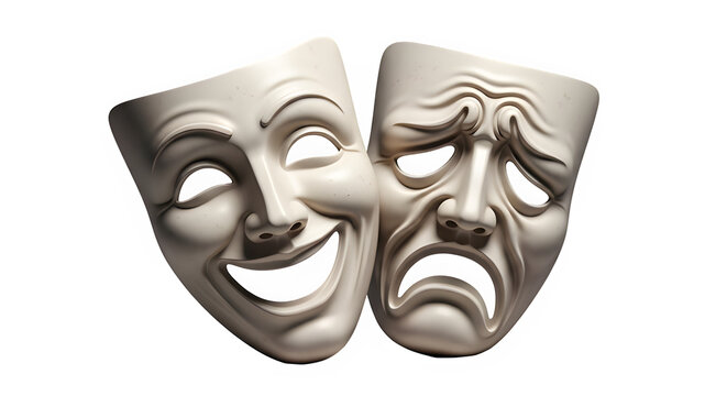 Comedy and tragedy masks isolated PNG on transparent background, theatrical drama symbols representing happy and sad emotions.