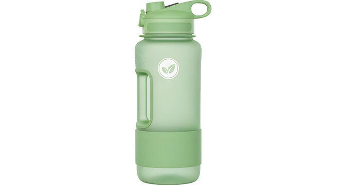 Light green reusable water bottle isolated PNG, eco-friendly sport container for hydration on transparent background.