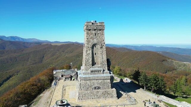Aerial orbiting shot of the Shipka Monument in Bulgaria