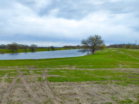 A picturesque river flows through a green valley under a thick cloudy sky, creating an atmosphere of peace and natural grandeur. In the foreground, tire tracks on the wet soil lead to a spreading tree