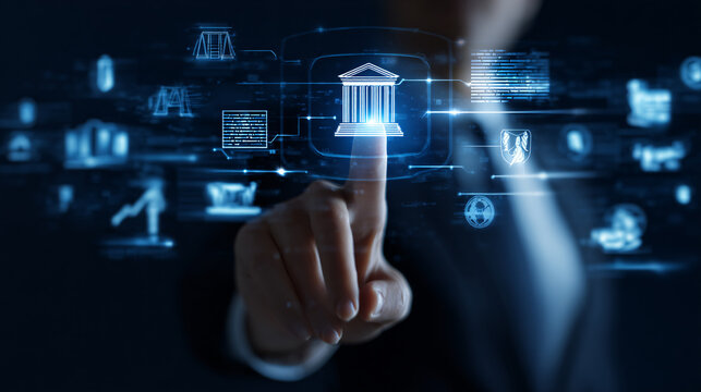 Business professional touching digital banking interface with government building icon, accessing financial services online Concept of fintech, cybersecurity, digital transformation, and modern bankin
