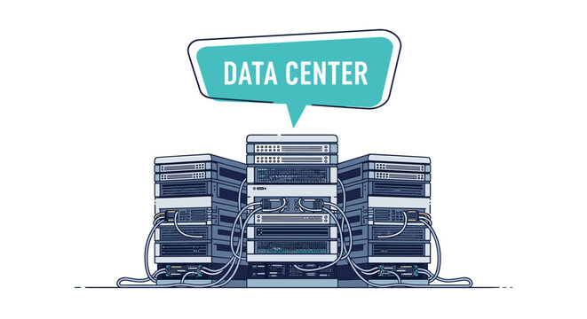 Data center illustration featuring three tall server racks with multiple cables and a speech bubble with the text DATA CENTER.