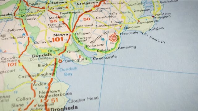 cinematic road map route from Belfast to Dublin crossing Ireland border