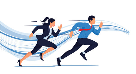 Fototapeta premium Ambitious businessman and businesswoman in suits running a competitive race together towards success against a blue wave background.