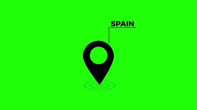 spain location marker animation on transparent background. spain map label with on a blue background 4k video animation.