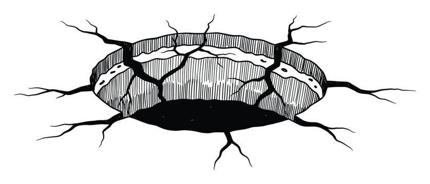 Abstract rupture in the ground with spreading cracks and a dark deep hole, ideal for depicting impact, destruction, or a mysterious portal graphic resource.