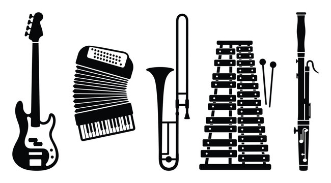 A diverse collection of musical instruments including bass guitar accordion trombone xylophone and bassoon in black silhouette ideal for music education materials and concert promotions