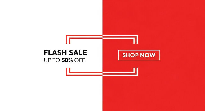 Red and white graphic with "FLASH SALE" text, "UP TO 50% OFF", and "SHOP NOW" button