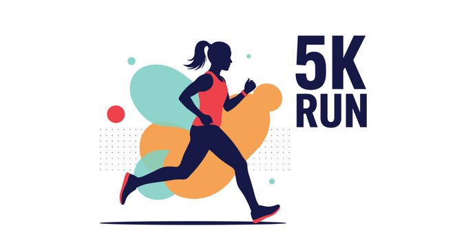 Silhouette of a woman running with determination against an abstract colorful background for a 5k run sports event.