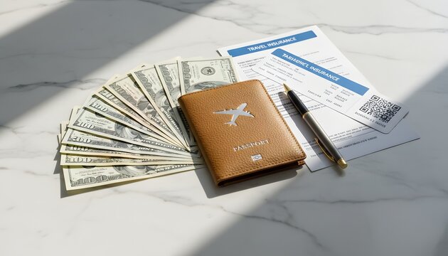 Passport with US dollar banknotes and travel insurance on marble table for vacation document processing and currency exchange concept, financial planning for international travel