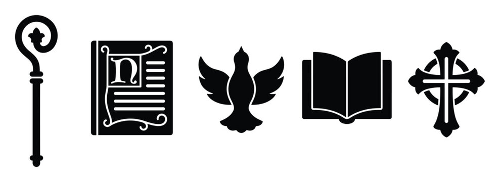 Religious symbols collection featuring a shepherds crook a medieval manuscript a dove an open book and an ornate cross for spiritual design applications