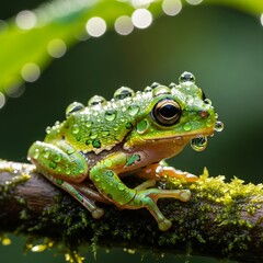 Obraz premium Green frog with water drops on skin.