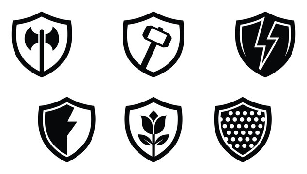 Versatile collection of monochrome shield insignias displaying powerful symbols like an axe hammer lightning and floral motif suitable for app interfaces gaming elements or security
