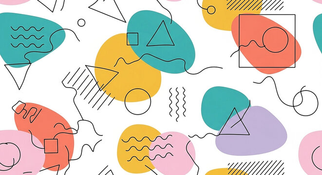 Colorful abstract shapes with geometric lines create a playful, retro, Memphis-inspired pattern
