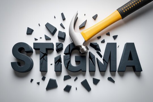A hammer breaks the stigmatized word Stigma on a plain surface