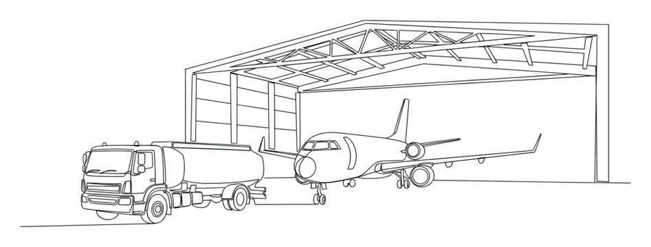 Line drawing depicting an airplane being refueled by a tanker truck inside a hangar, ideal for showcasing airport operations, maintenance, and industrial logistics in the aviation sector.