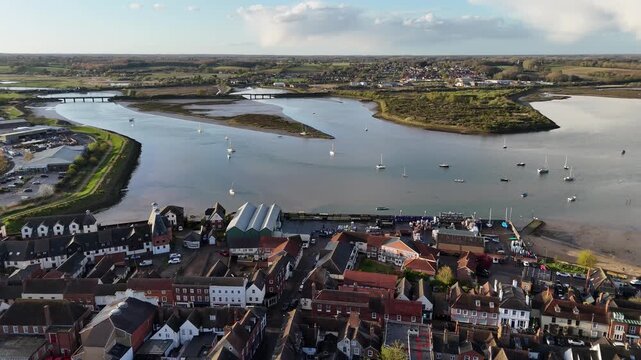 Reverse aerial view of Manningtree, Essex, on the River Stour, a civil parish in Tendring