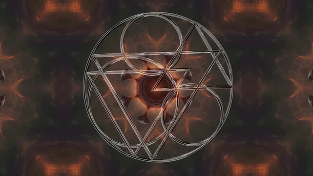 Seamless 4K60 loop. 3D glass alchemical triangle sigil over a radiant, fiery gold and orange morphing fractal kaleidoscope. Ideal for horizontal or vertical VJ sets, events, and meditation.