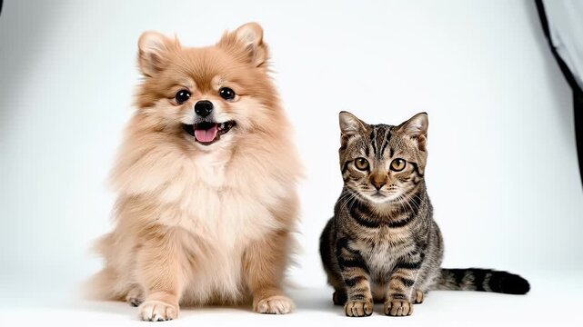 Adorable Dog and Cat Sitting Together on White Background Best Friends Forever.