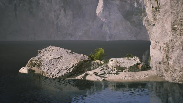 A tranquil lakeside view features large rocky formations surrounded by calm waters. Sunlight casts reflections on the surface while a small patch of greenery thrives on the rocks.