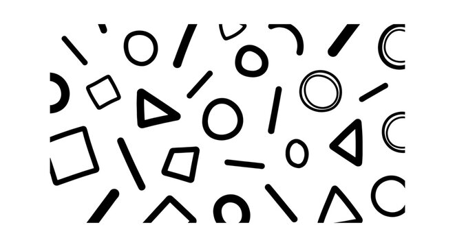 Memphis style geometric pattern vector, black and white abstract shapes background, minimalist hand drawn doodle elements for modern textile design