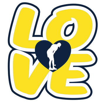 Yellow &ldquo;LOVE&rdquo; text with black heart containing white golf couple silhouette. Fun and romantic golf love design suitable for couples, wedding and anniversary gifts.