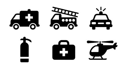 Emergency service icons set, black silhouette ambulance and fire truck vectors, police car and rescue helicopter symbols, 6 flat design elements © Mizan
