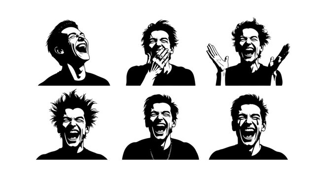 High contrast stencil vector set of laughing men, expressive male portraits with joyful facial expressions, black and white silhouette collection of 6 icons