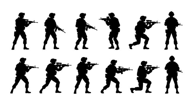 Military soldier silhouettes set, 12 tactical army infantry vector icons, armed special forces units in combat poses, black war fighter graphics