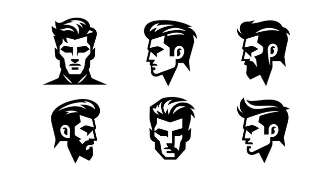 Barbershop logo set with 6 masculine male head silhouettes, stylish men's haircut and beard vector icons, modern grooming salon branding elements
