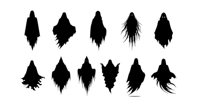 Spooky ghost silhouettes collection, 11 black phantom vector elements, scary halloween spirit icons, creepy floating wraith and spectre shapes