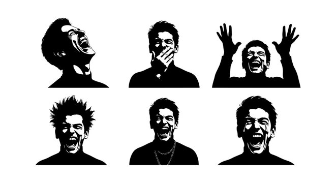 Expressive man portrait silhouettes, collection of 6 emotional male faces in black and white, high contrast stencil art vector set for creative design