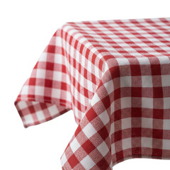 Fototapeta premium Vibrant red and white gingham tablecloth with natural folds draped over a corner against a transparent background, evoking a refreshing summer picnic atmosphere
