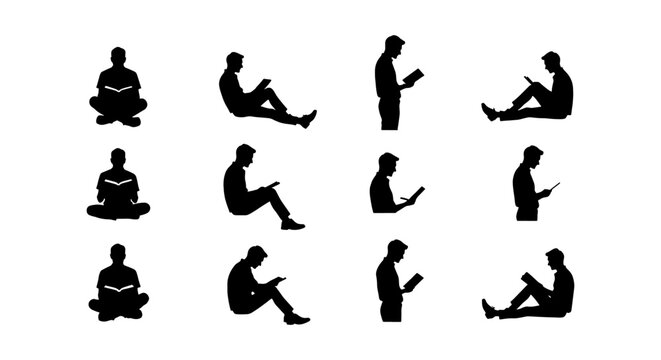 Black silhouette people reading books, set of 12 male figures in sitting and standing poses, library and education vector icons on white background