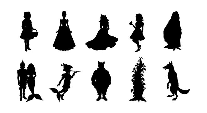 Fairy tale character silhouettes set, 10 fantasy vector elements including princess, mermaid, and wolf, magical storybook icons for children design