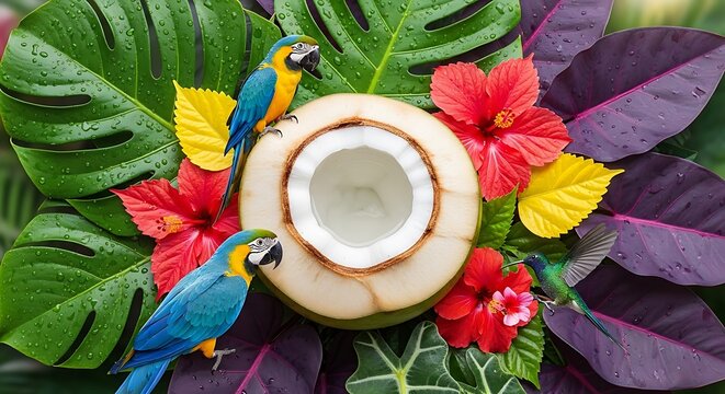 Tropical Parrots and Coconut on Leaves.