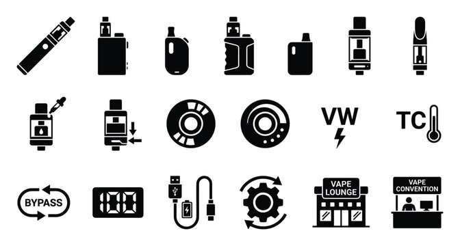 Collection of essential vaping icons and ecigarette symbols representing various modern vape devices, accessories, and operational modes for informational graphics and digital interfaces.