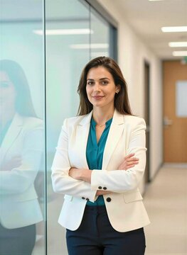 Woman Standing In Office Corridor With Arms Crossed Confidently Across Front Of Body Poised Exuding Professionalism Attire Consists White Blazer Turquoise Blouse Navy