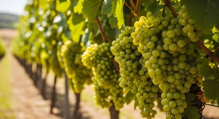Fototapeta premium Lush green grape vines in a vineyard with bunches ready for harvest