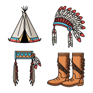 Native American Symbols: Teepee, Warbonnet, Headdress, Boots, Indian Culture Icons