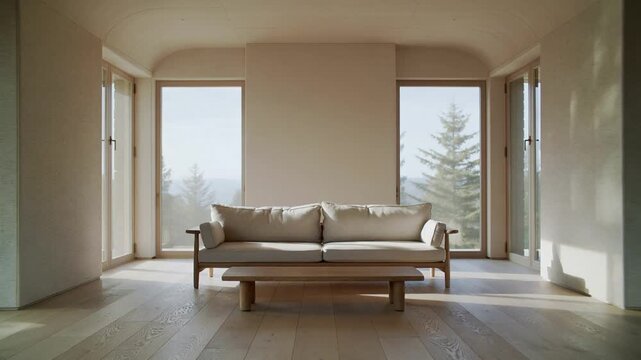 Modern minimalist living room interior with large windows