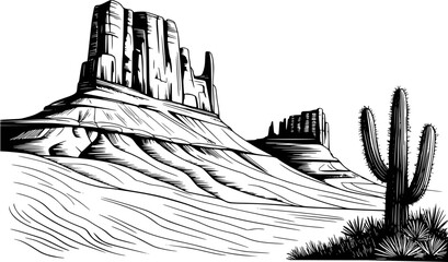 Black and white woodcut style desert landscape with mesa and saguaro cactus © Abdul