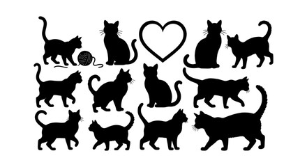 Black cat silhouette collection, set of 12 domestic feline vector icons, various cat poses and kitten shapes with heart and yarn ball elements © Monir