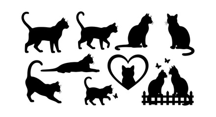 Black cat silhouettes collection, 8 feline vector elements in various poses, domestic pet icons with heart and fence details for vinyl cutting © Monir