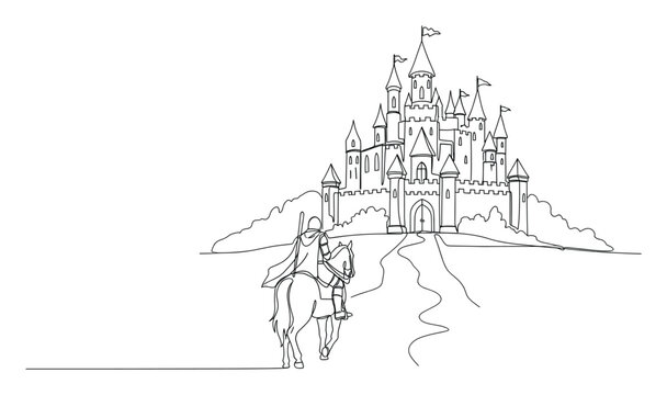 A valiant knight on horseback embarks on a journey towards a grand medieval castle rendered in a captivating continuous line drawing suitable for narrative designs and historical themes