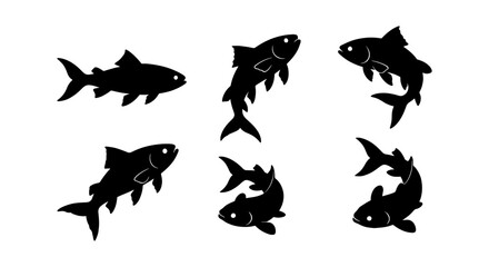 Obraz premium Black fish silhouette collection, set of 6 aquatic animal icons in various swimming poses, minimalist trout or salmon vector shapes for fishing logos