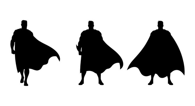 Superhero silhouette set with flowing capes, heroic male figure standing in powerful poses, black comic book character vector icons